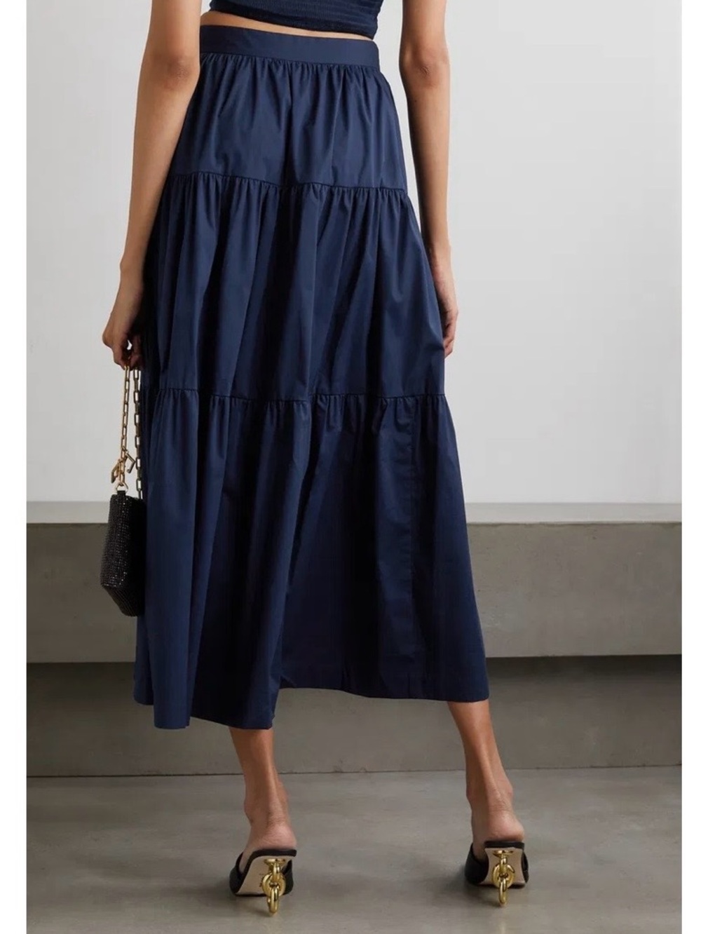 Staud Tiered Navy Cotton Poplin Maxi Skirt - Picture 2 of 8